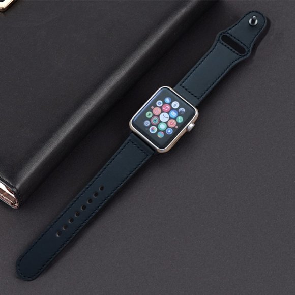NEW[BAND] BLACK Genuine Leather For Apple Watch - Picture 5 of 10